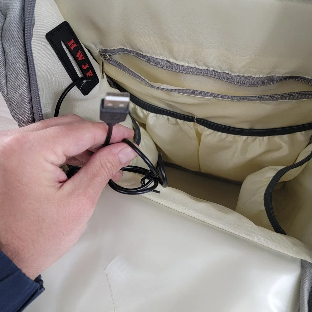 HWJF Gray Diaper Bag Backpack with USB Charging Port and Fold Out Station
